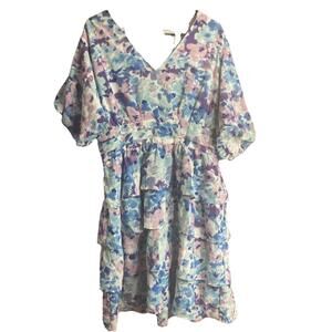 Fashion Water Color Floral Layered Dress With Ruffle Sleeves